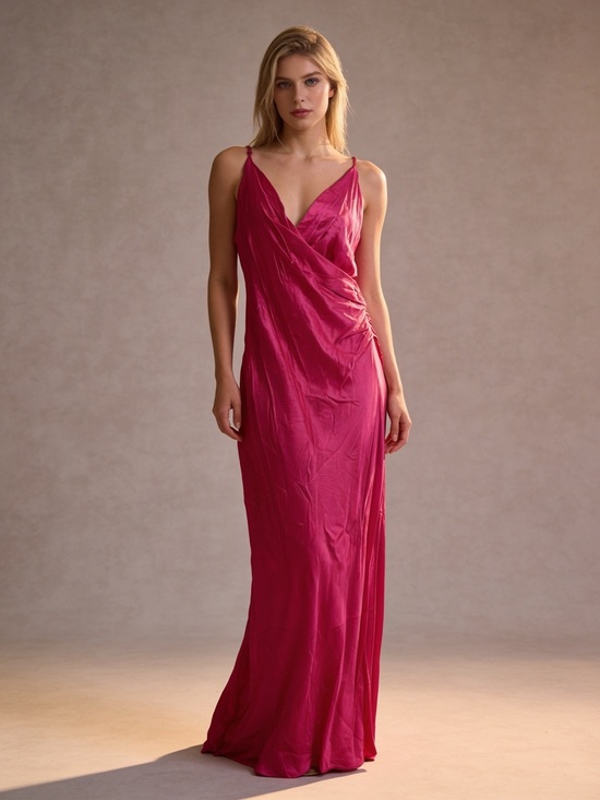 Zara Dresses & Skirts - NWT Zara Fuchsia Satin Wrap Maxi Slip Dress Ruched Side Medium